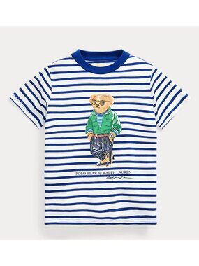 Polo Ralph Lauren Kids Polo Bear Blue White Cotton Striped T shirt Size 5 [jb]